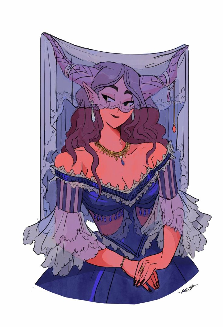 a digital drawing of a woman with purple and pink hair and horns wearing a blue and white lace dress and veil with gold jewelry. she has a mysterious and seductive expression.