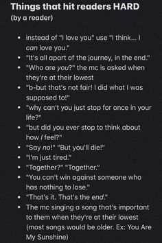 the image contains a list of quotes titled "things that hit readers hard (by a reader)".  the quotes focus on themes of love, loss, sacrifice, and internal struggle.