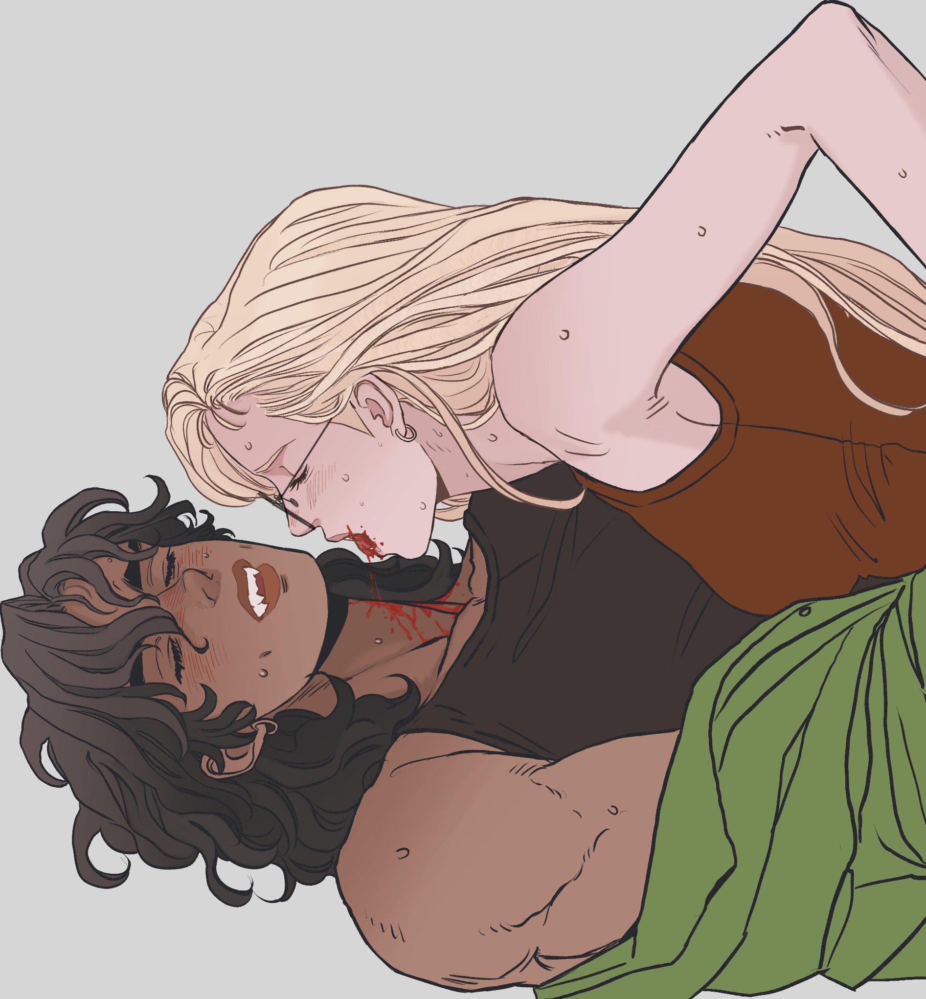 illustration of a blonde vampire biting a darkhaired woman. the two are lying down, the vampire is on top and has blood dripping from her mouth and onto the other woman's neck. the woman being bitten has her eyes closed and is smiling. the drawing is erotic and passionate.