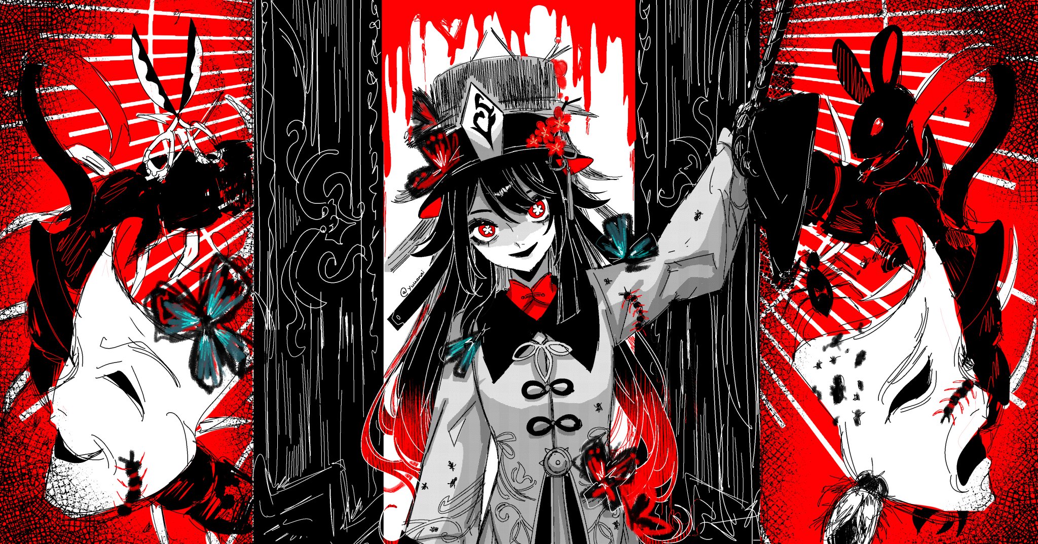 this is a digital illustration of a girl with long black hair and a hat standing in front of a red and black background. she is wearing a mask with red and white accents, a black and white outfit, and has red eyes. she is standing in front of a red and black background that looks like a door. there are red and black masks in the background. the artwork is in a style that is reminiscent of japanese anime and manga. the girl has a creepy and unsettling look about her.