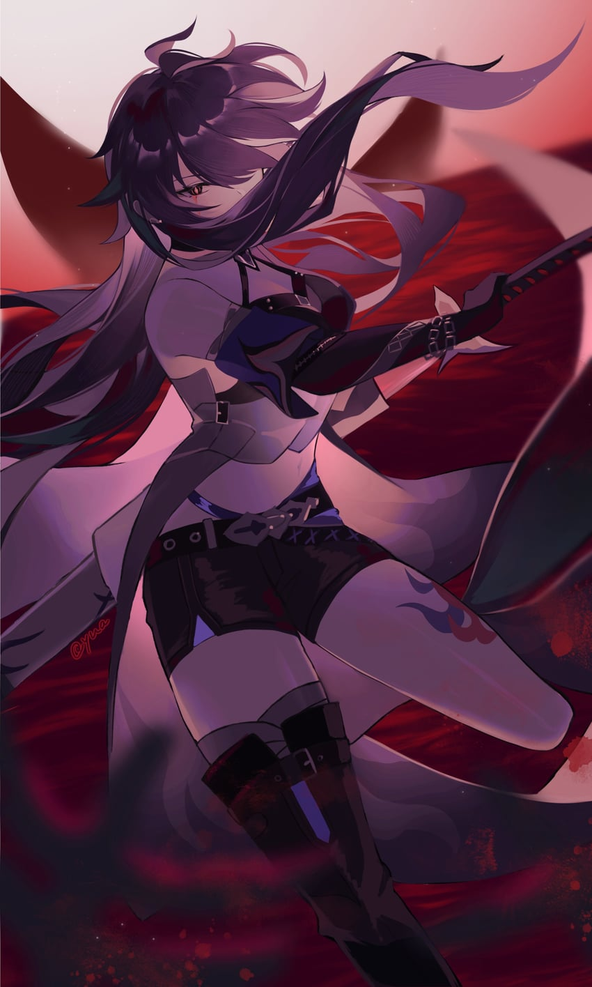 a fierce female anime warrior with long white hair and red eyes stands in a dynamic pose against a dramatic sunset. she wields a katana and wears a white and blue outfit with black accents. the scene is bathed in red light from the setting sun, creating a sense of action and urgency.