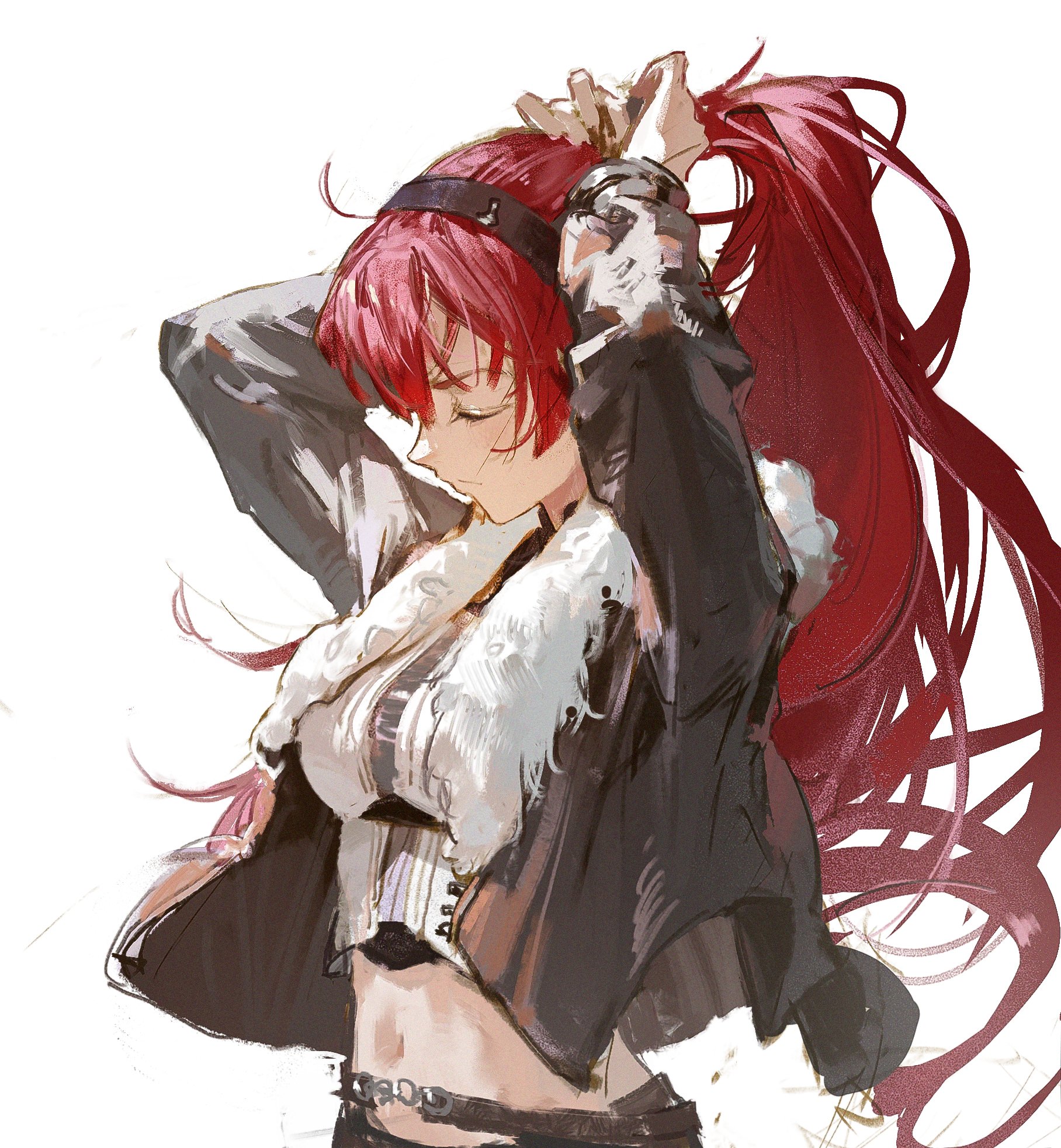 a digital illustration of a young woman with long red hair in a ponytail, wearing a black jacket over a white shirt and black pants. she is looking down and has headphones around her neck. she is drawn in a stylized, painterly style.