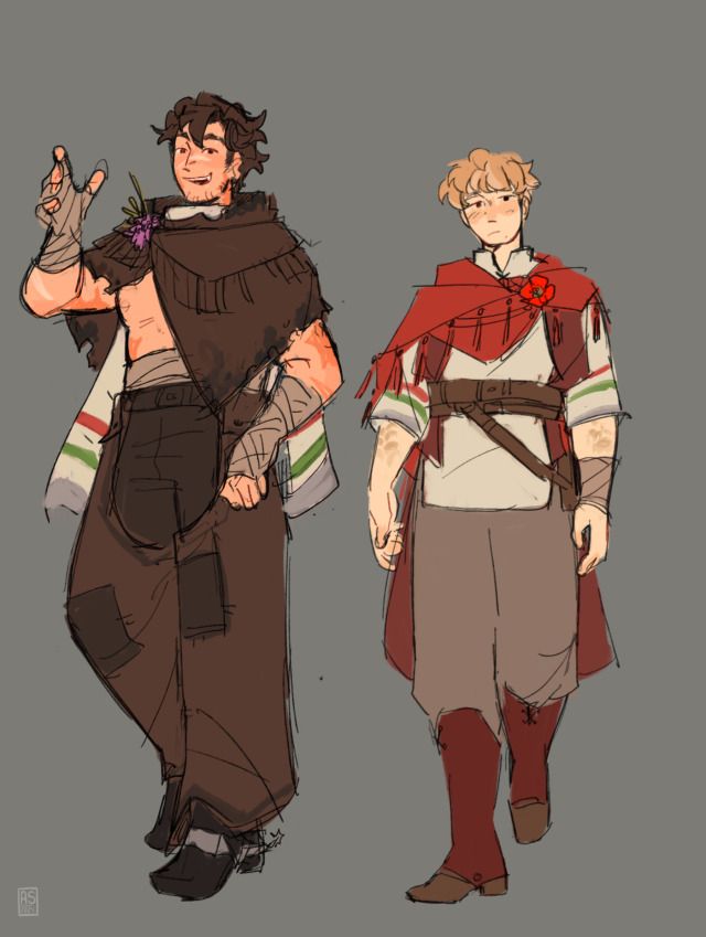 this is a digital drawing of two male characters.  the character on the left is wearing a brown shirt,  brown pants, a long brown scarf with white and green stripes,  brown boots and a brown headband. he is holding a flower in his right hand and a dagger on his left. the character on the right is wearing a red shirt,  brown pants,  a white shirt with green and red stripes on the shoulder, red shoes, and a brown belt.  he is wearing a red scarf and a red flower on his chest.  the characters are standing side by side, looking at the viewer.  the drawing is done in a cartoon style.