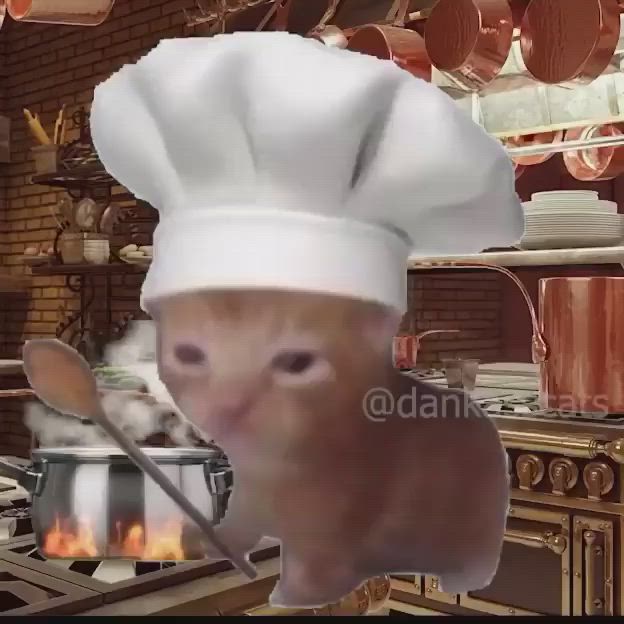 a photo of a cat wearing a chef's hat in a kitchen, stirring a pot on the stove. the cat is looking at the pot with a serious expression. the photo is a meme, and is often used to represent the idea that even though something may look like a lot of work, it's actually quite easy.