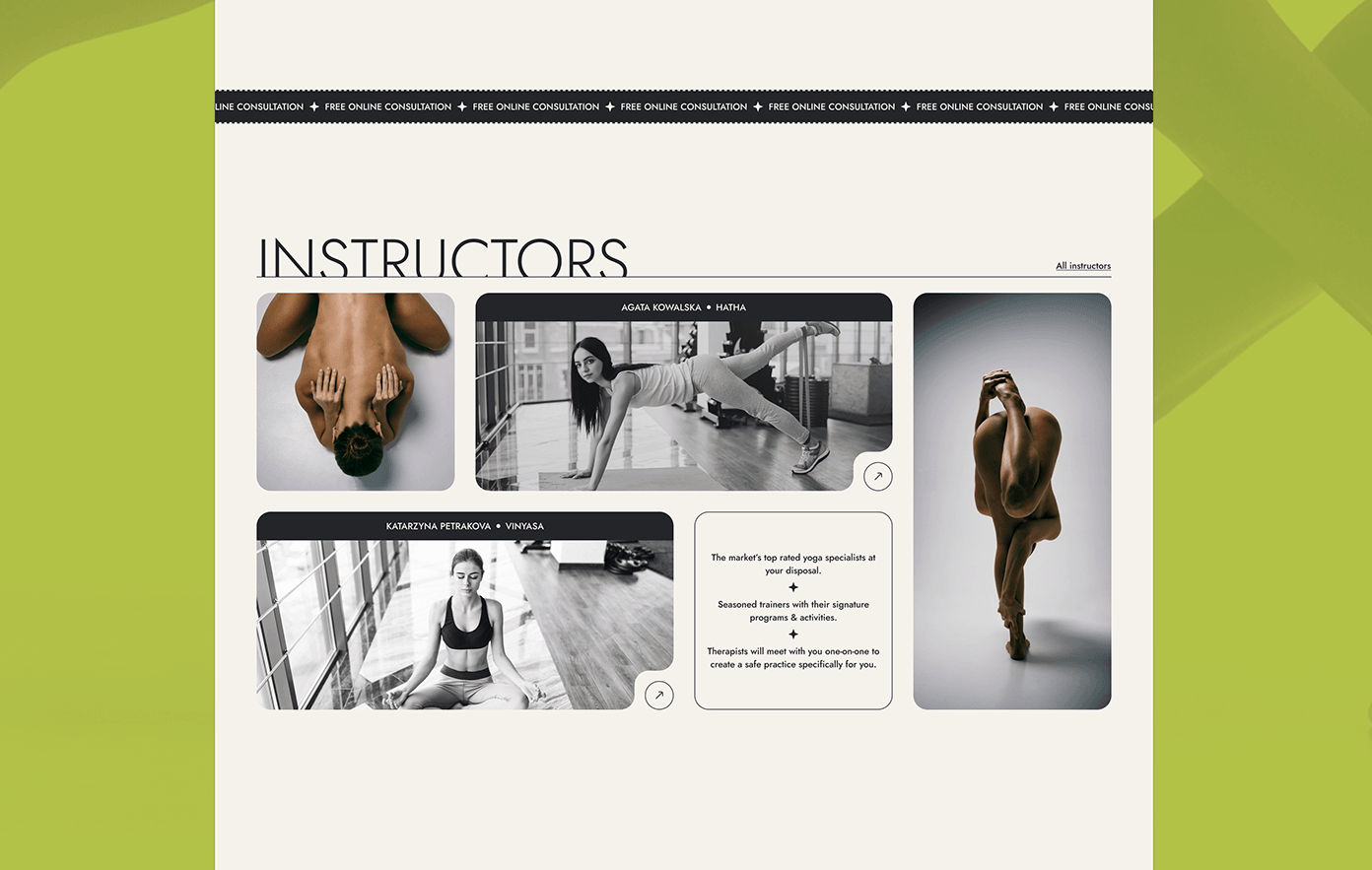the image showcases three yoga instructors and their practice styles. the layout is clean and modern, with each instructor's photo and information presented in a card format. the text highlights the instructors' expertise and offers a free online consultation with them.  the image emphasizes the availability of qualified and experienced yoga instructors for different practice styles, such as hatha and vinyasa.