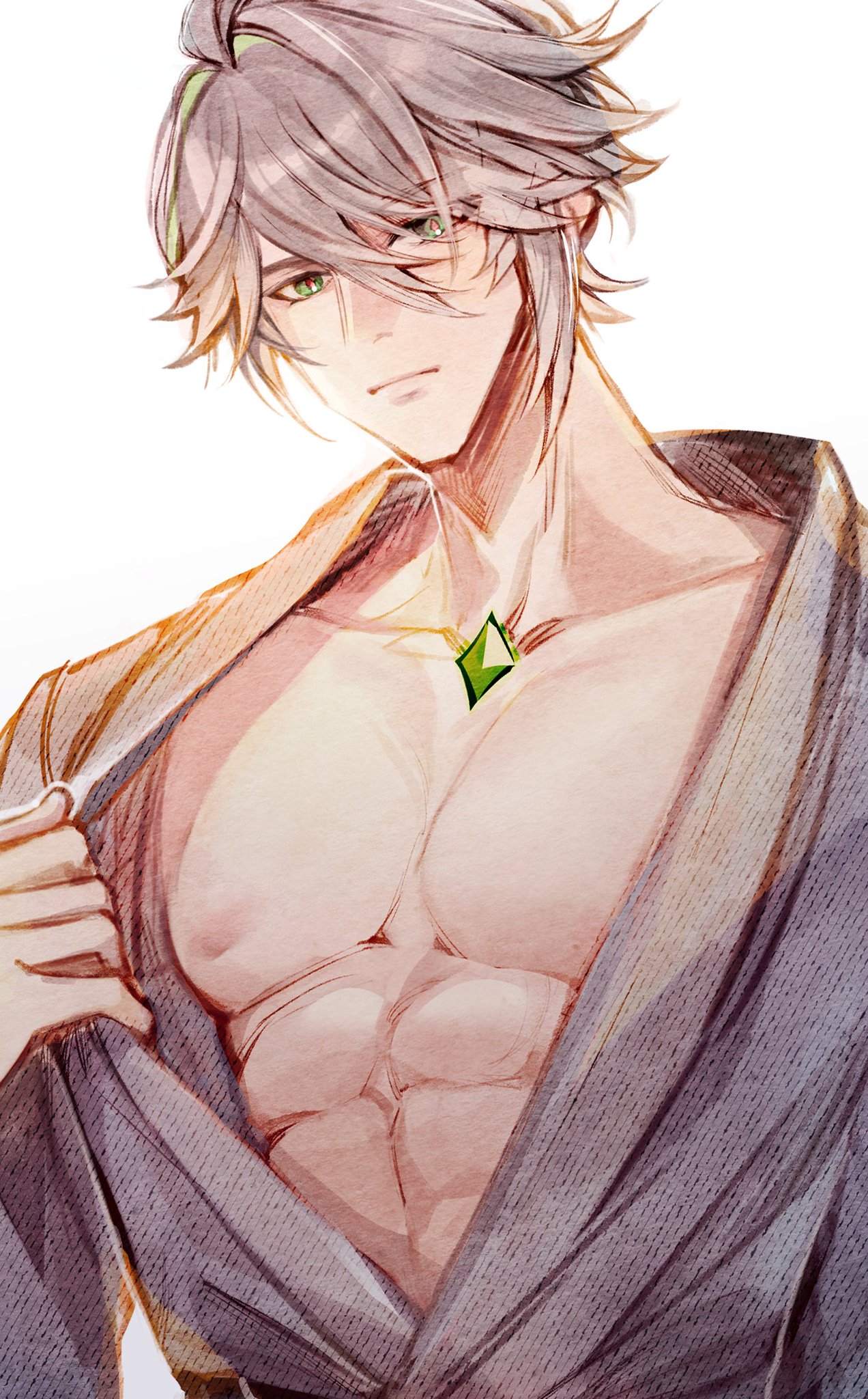 this is an anime illustration of a handsome young man. he is muscular and has green eyes and grey hair. he's wearing a robe open to show off his abs.  he is
