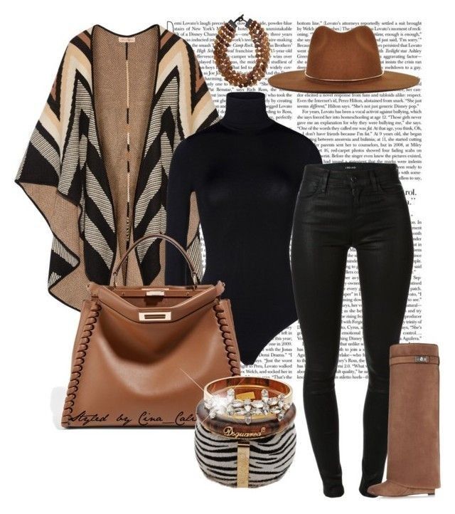 this image features a stylish fashion outfit that is perfect for fall and winter. the outfit includes a black turtleneck sweater, brown and black striped poncho, brown leather handbag, black leather skinny jeans and brown tall boots. the look is completed with a brown fedora hat and a statement gold and crystal bracelet. this is a casual and chic outfit that can be worn for a variety of occasions.
