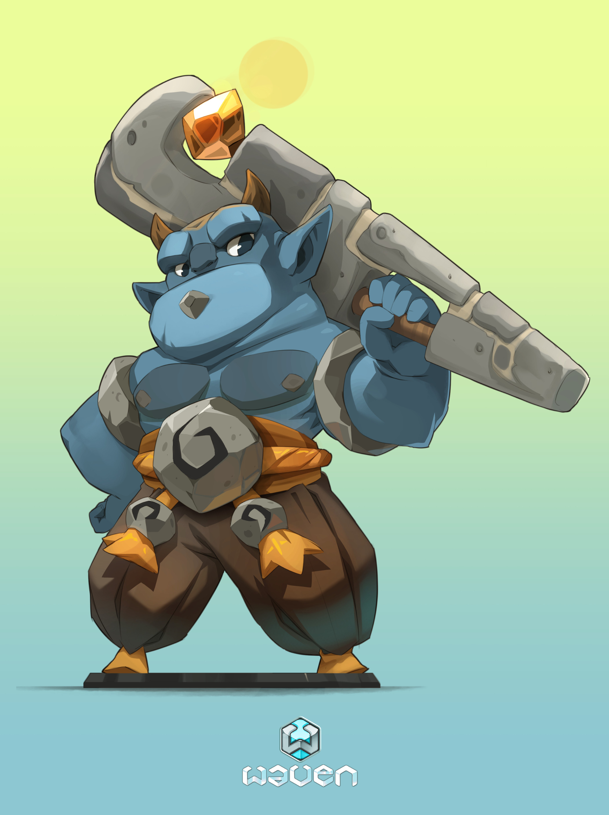 a digital illustration of a blue ogre warrior character. the ogre is holding a massive stone wrench in his hands and is looking at the camera. the ogre is wearing brown pants, orange belt, and brown and gray armor. the ogre is standing on a black platform. the background is a light blue gradient.