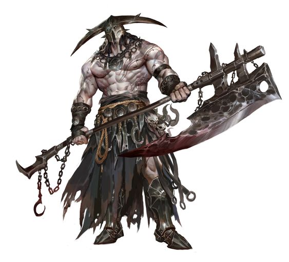 heavily muscled, armored warrior stands wielding a massive, bloody axe. his attire and weaponry speak to a barbaric nature, with horns adorning his helmet and a kiltlike garment hinting at ancient origins. the scene is dark and intense, with studio lighting highlighting the character's imposing physique and the gruesome details of his weapon.