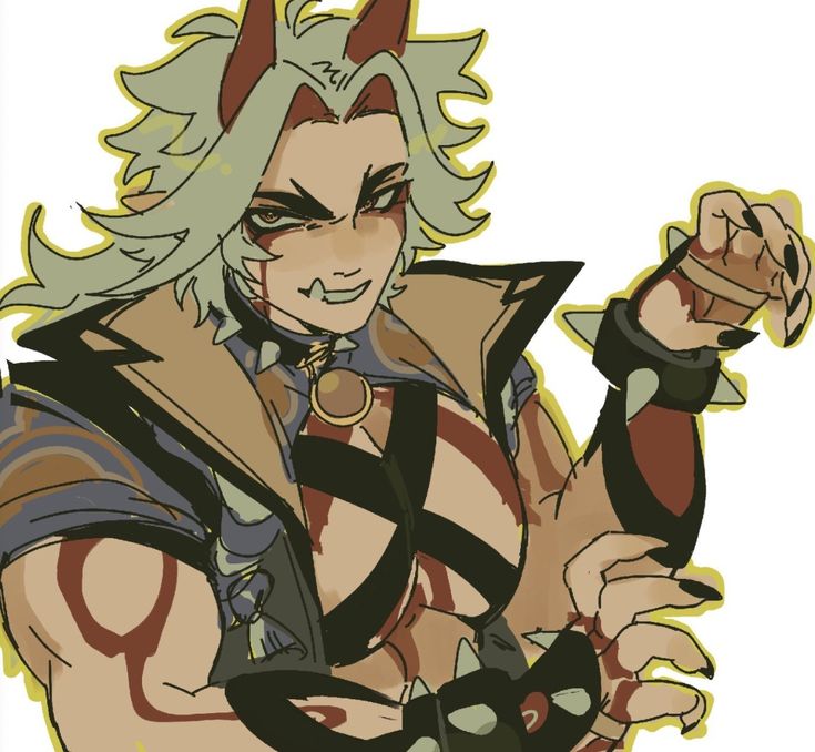 the image is a piece of vibrant fanart depicting a stylized character, possibly an oni or demon, with prominent horns and long, lightgreen hair. the character has a muscular build and wears clothing featuring dark and earthtoned colors with contrasting red markings.  they have sharp nails and spiked wristbands. their expression is fierce but with a hint of a smirk. the art style is bold, utilizing strong lines and shading, characteristic of anime or mangainfluenced digital art. the background is largely unfocused, drawing attention to the character itself.