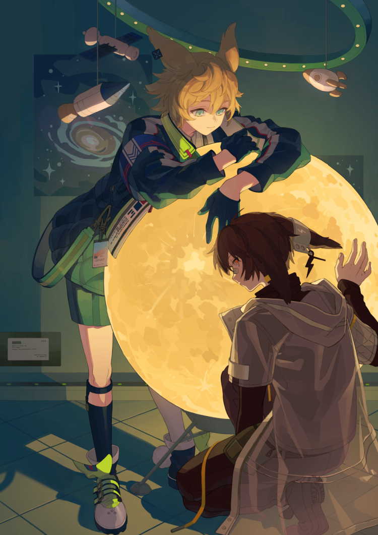 this image depicts a scene with two anime boys. the boy on the left is standing with his right hand on a large yellow sphere, looking down at the boy on the right, who is sitting on the floor and looking up at the other boy. they are both smiling. the boy on the left is wearing green and blue clothes with green boots, and the boy on the right is wearing a gray jacket, a black shirt, and brown shoes. the background shows a night sky with stars and a galaxy, suggesting it's a starry night. the large yellow sphere the boys are interacting with could be a stylized moon or a planet.  the scene appears to be taking place indoors, possibly a room or a space station with a moonlit theme. the boys are in a playful and affectionate interaction, suggesting a strong bond between them.