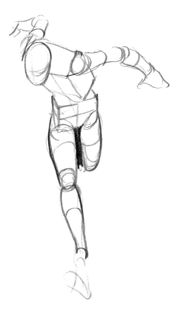 the image contains a pencil sketch of a figure in a dynamic running pose. the drawing is done in a loose, expressive style, focusing on capturing the movement and energy of the pose.  the lines are fluid and gestural, with the details of musculature and clothing suggested rather than precisely rendered. the overall style suggests a quick study or gesture drawing done for practice or as a reference.