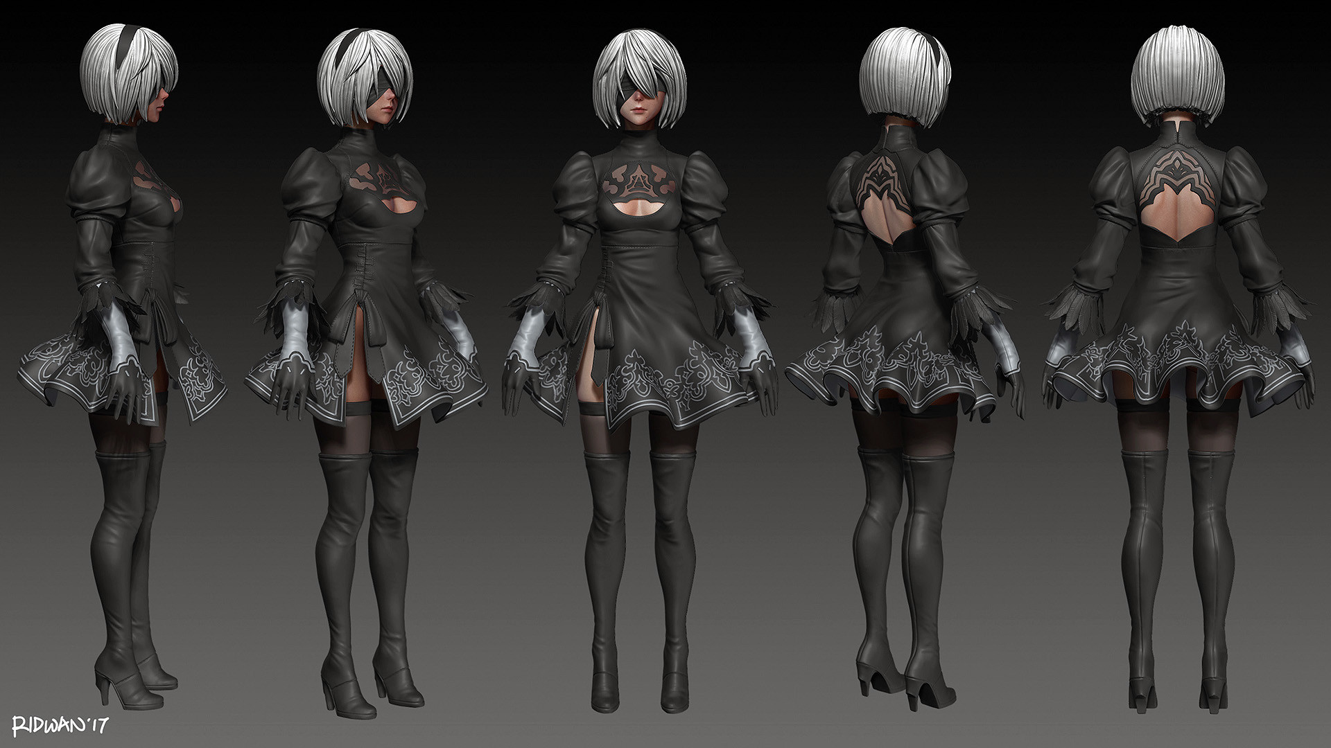 the image shows a highquality 3d model of 2b, the iconic female character from the video game nier: automata. the model is presented in a fourview turnaround showcasing front, back, and both side profiles.  she is depicted wearing her signature black dress with intricate silver detailing and thighhigh boots.  her characteristic white bob haircut and eyepatch are also clearly visible. the rendering style is highly realistic, with attention to detail in the textures, clothing, and character's anatomy. the background is a simple, neutral gray to keep the focus on the model itself.  the image is likely intended to showcase the 3d model for game development, digital art portfolios, or other creative projects.