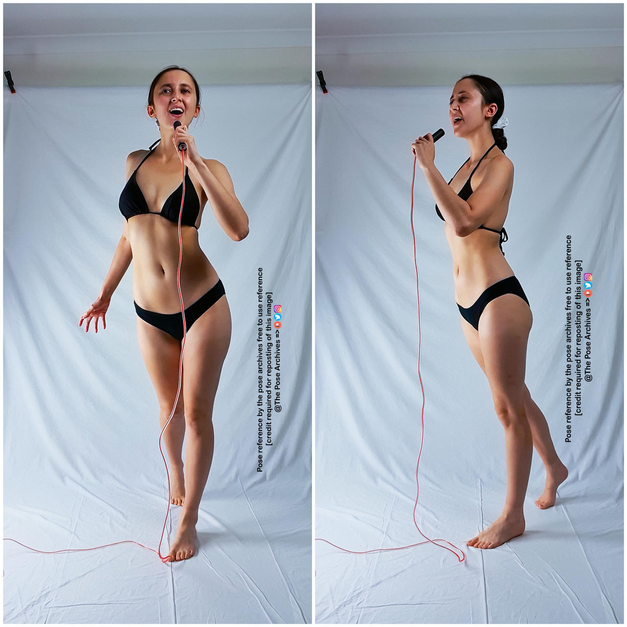 the image shows a young woman in a black bikini singing into a microphone with a red cord. the two panels capture her in slightly different poses, both conveying the energy and emotion of her performance. the background is a plain white wall, emphasizing the subject and her actions.
