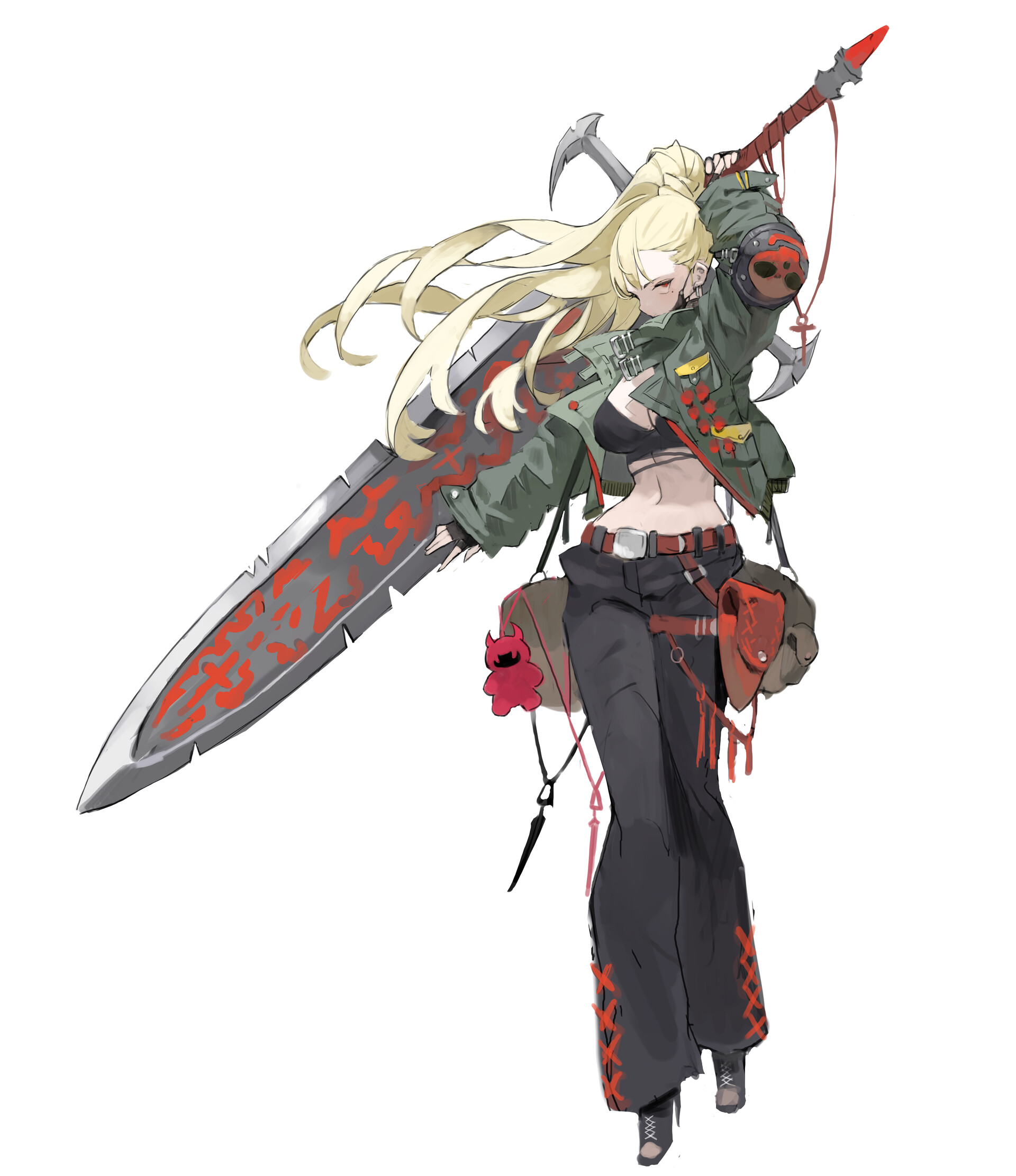 a fullbody illustration of an animestyle female character with long blonde hair. she is equipped with a large, distinctive sword with red markings, and is dressed in a green jacket over a black top, black pants with red crossstitch accents, and dark boots. she has a pouch and a small, red devillike figure hanging from her belt. the jacket has a skull emblem on the shoulder. the overall design suggests a fantasy or action genre.