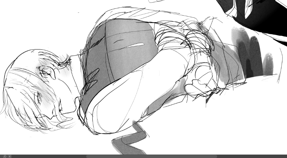 this is a black and white mangastyle drawing of a young man lying on his side, asleep or unconscious. he is wearing a jacket and shirt, with his hair covering most of his face. the drawing is very detailed and expressive, with a lot of shading and line work. the man's posture suggests he is in a state of exhaustion or sadness, and the drawing's overall atmosphere is one of vulnerability and fragility.