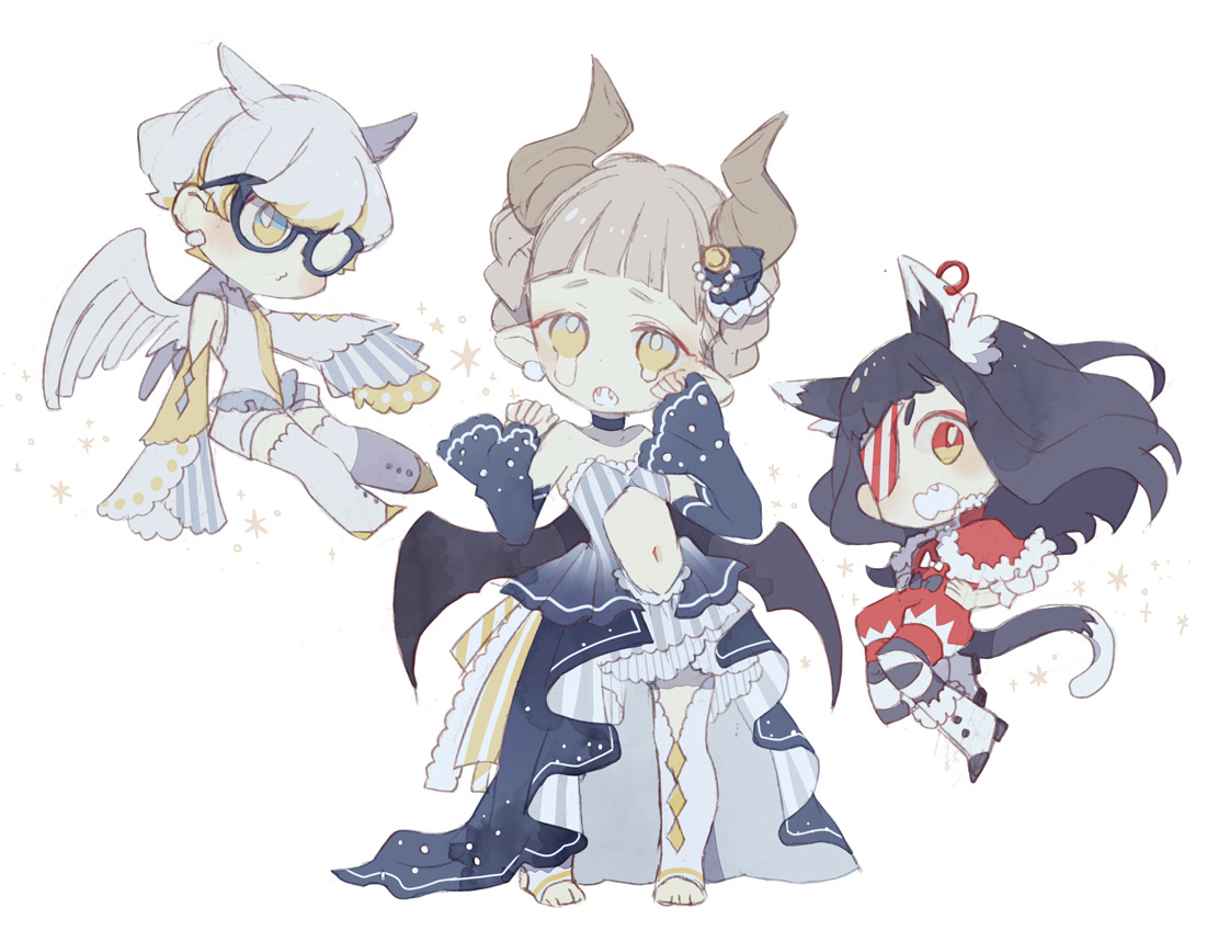 the image depicts three chibistyle characters against a plain background. the first character, an angel with white hair and glasses, floats on the left side. in the center stands a demon girl with horns, dressed in an elaborate blue and white dress. on the right, a catgirl with black hair and a red and white outfit smiles playfully. all characters are drawn with large eyes, giving them a cute and whimsical appearance. stars are scattered around them.