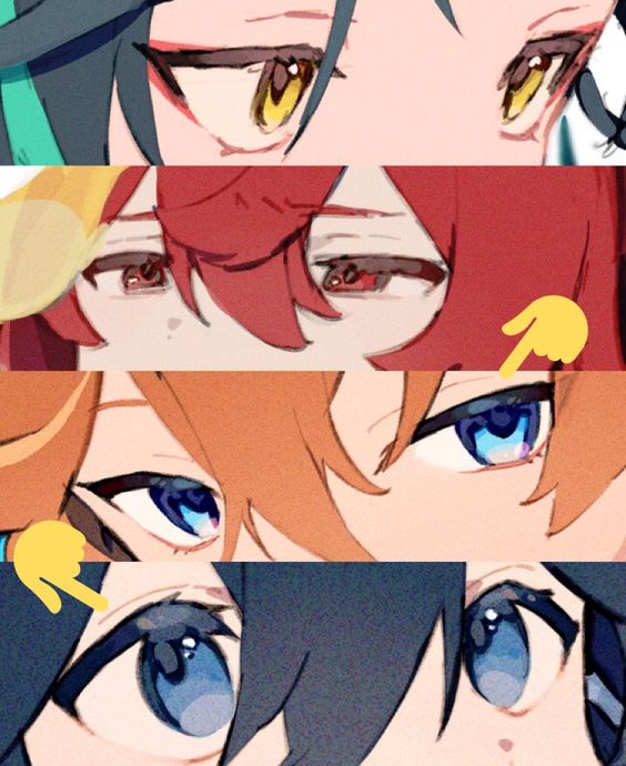 the image showcases four sets of intricately drawn animestyle eyes, each belonging to a distinct character. the first set features golden eyes with a hint of red, framed by dark green hair. next are crimson eyes beneath fiery red hair, followed by bright blue eyes peeking out from beneath a shock of orange hair. the final set depicts deep blue eyes under a curtain of black hair.  each set of eyes reflects a unique personality and emotion, captivating the viewer with their expressive quality.