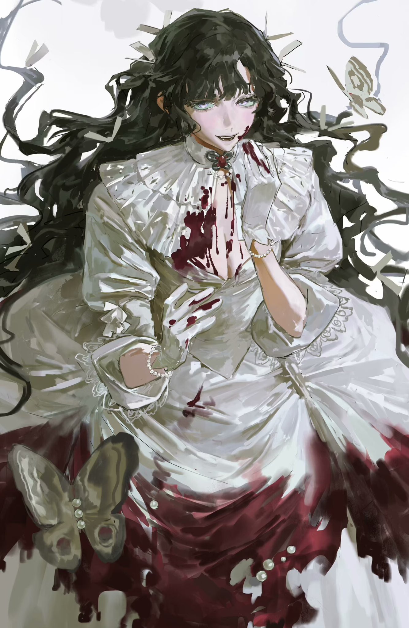 the image features a young anime woman with long black hair, dressed in a white dress stained with blood. she's wearing white gloves and a pearl necklace, and her eyes are dark and mysterious. she has a creepy smile on her face, and a butterfly sits on her dress. the overall atmosphere of the image is creepy and gothic.
