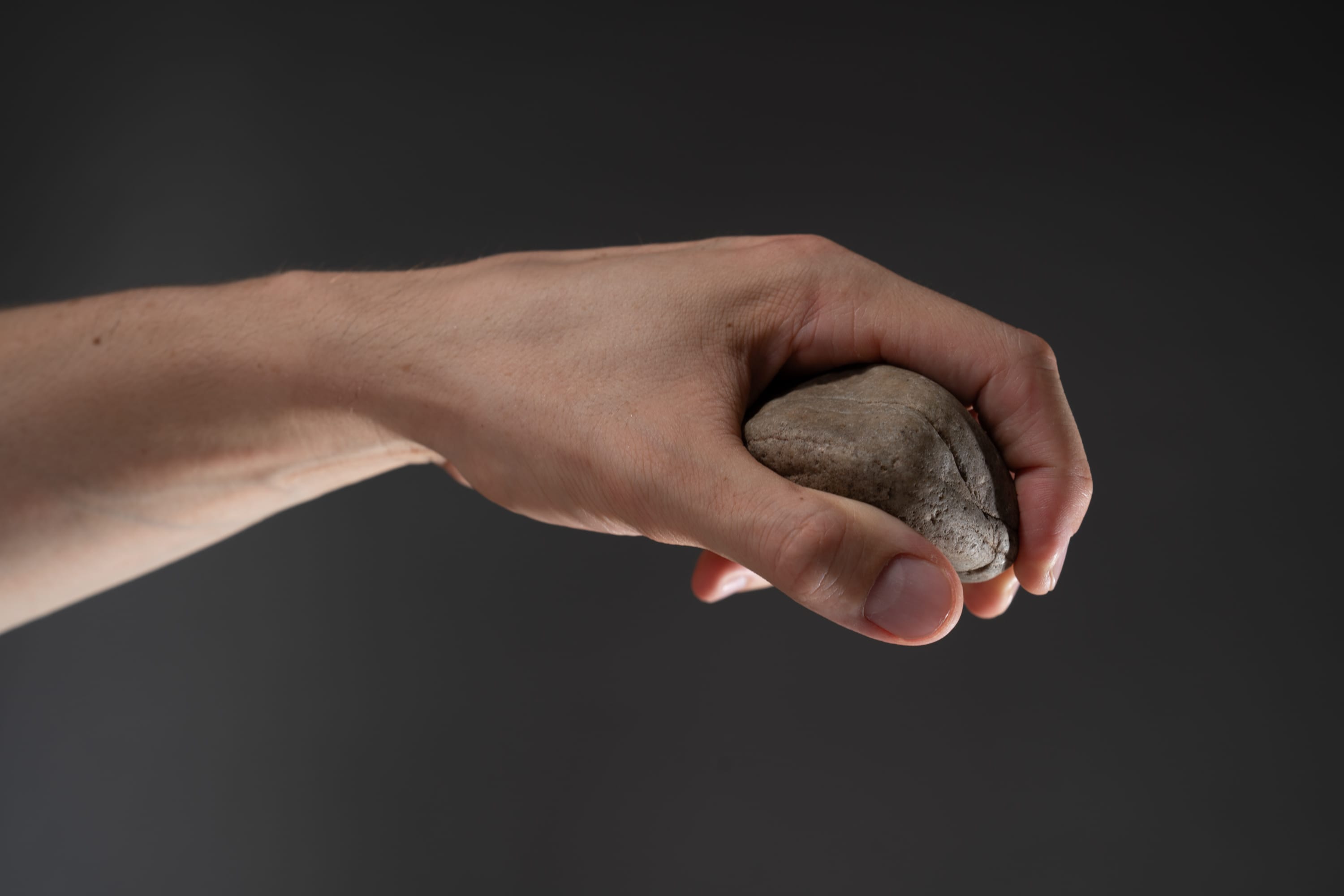 a man's hand is holding a gray rock against a dark gray background. the rock is smooth and rounded, and the hand is holding it firmly. the image is lit with studio lighting, which highlights the texture of the rock and the hand.