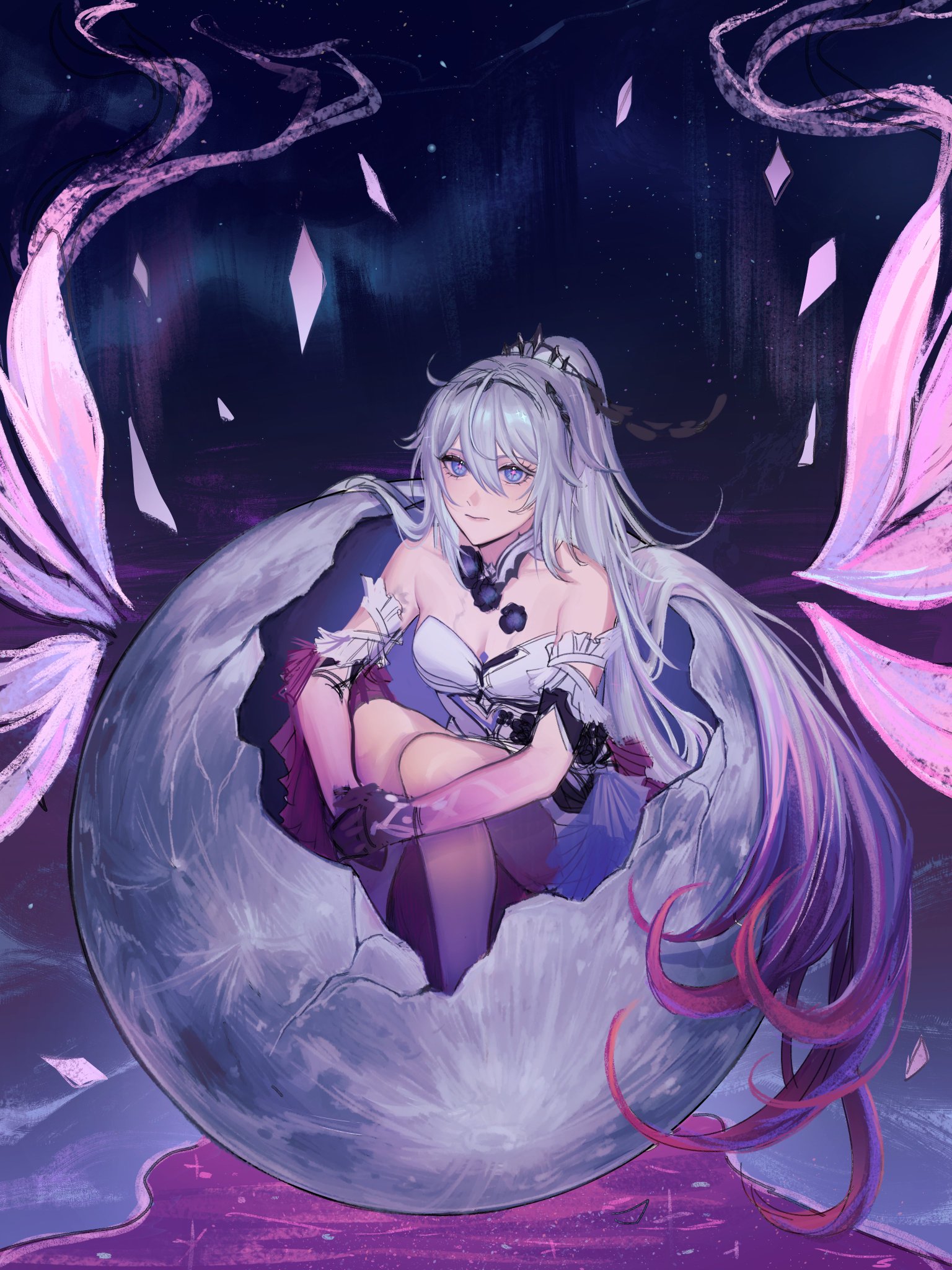 the image features an anime girl with white hair and a pink dress sitting inside a broken moon. the girl has large, blue eyes, and she is wearing a tiara on her head. her hair is long and flowing, and she is wearing a white dress that is decorated with pink accents. there are wings coming out of the moon. the background is a starry night sky. the image is filled with magical and fantastical elements.