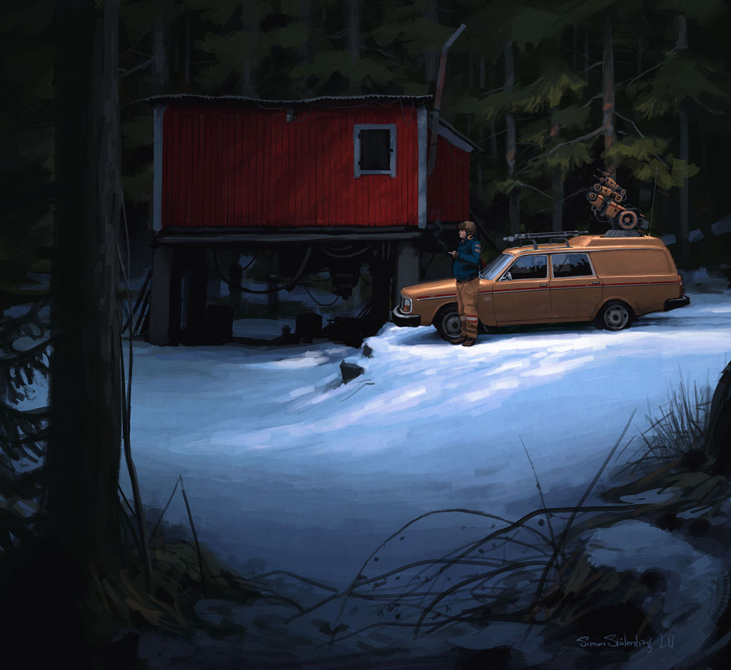 a man stands by a goldenbrown volvo wagon, in the snowy forest. the car is parked outside a red, wooden cabin. the cabin is on stilts and the snow is illuminated by the headlights of the car. the forest is dark and the trees are silhouetted against the snow.