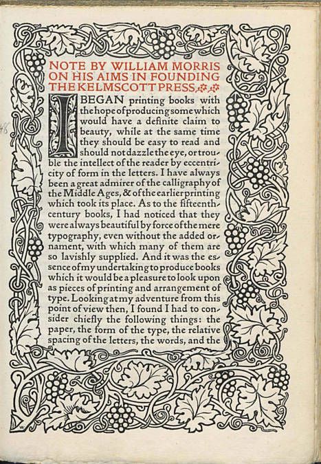 this is a page from a book that discusses the aims of william morris in founding the kelmscott press. it is a beautifully designed page with intricate illustrations surrounding the text. the text describes morris's desire to create beautiful and readable books that are inspired by the calligraphy and printing of the middle ages. the text also mentions the importance of typography, ornament, and the overall aesthetic of the book.  the image is a great example of the artistic and intellectual pursuits of william morris and his influence on the revival of the arts in the late 19th century.