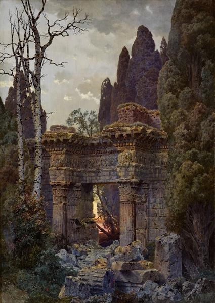 a painting depicts the ruins of a temple in a landscape with tall, pointed trees and a cloudy sky. the temple is made of stone and has columns. the surrounding area is overgrown with trees, including birch trees on the left and cypress trees on the right. the light suggests an overcast day or a sunset visible through the temple's entrance.