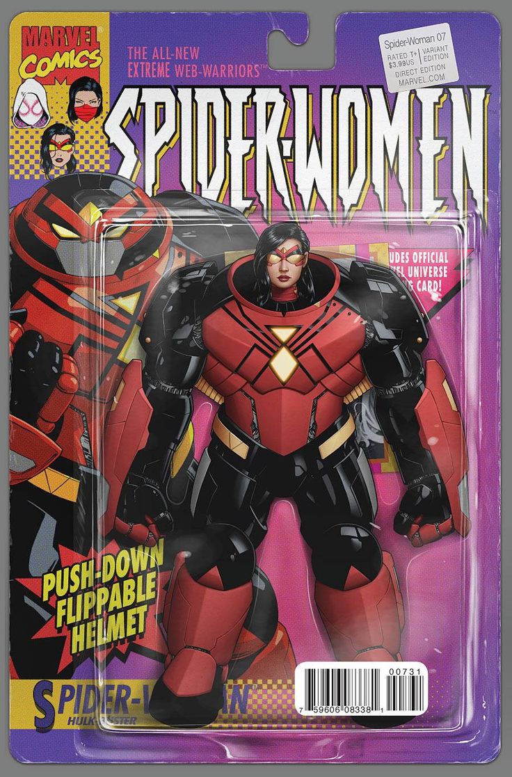 this is a plastic blister pack of a spiderwoman action figure in her hulkbuster suit, as part of the marvel comics "extreme webwarriors" line. she has a pushdown, flippable helmet. she's wearing her signature red and black suit.  the blister pack is on a pink and purple background. the packaging has the marvel comics logo and the title "spiderwomen" on the front. the back of the pack features a description of the figure and a barcode. the figure is fully articulated and comes with a variety of accessories.