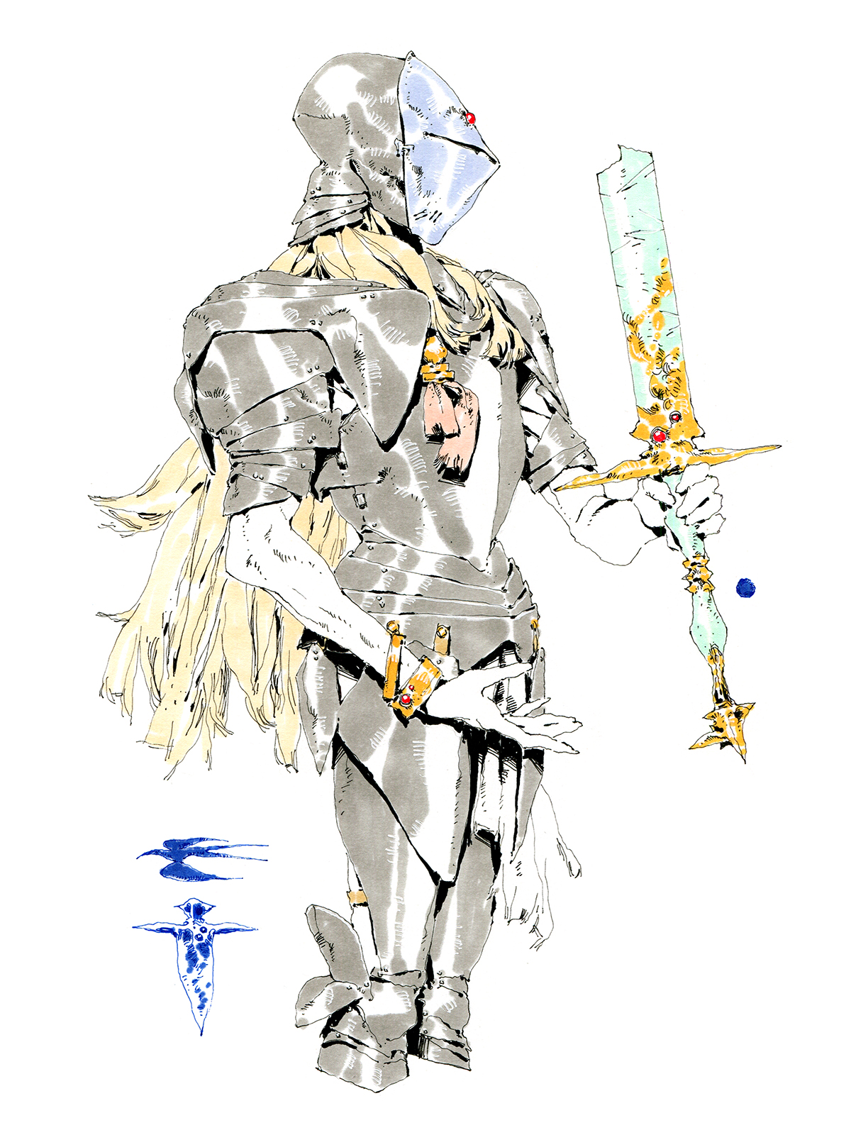 a fullbody illustration of a slender knight in ornate silver armor. they have long, flowing blonde hair and hold a large sword with a gold and blue hilt. the knight's helmet completely obscures their face, save for a single blue eye visible through a narrow visor.  the art style is reminiscent of classic jrpg character designs.