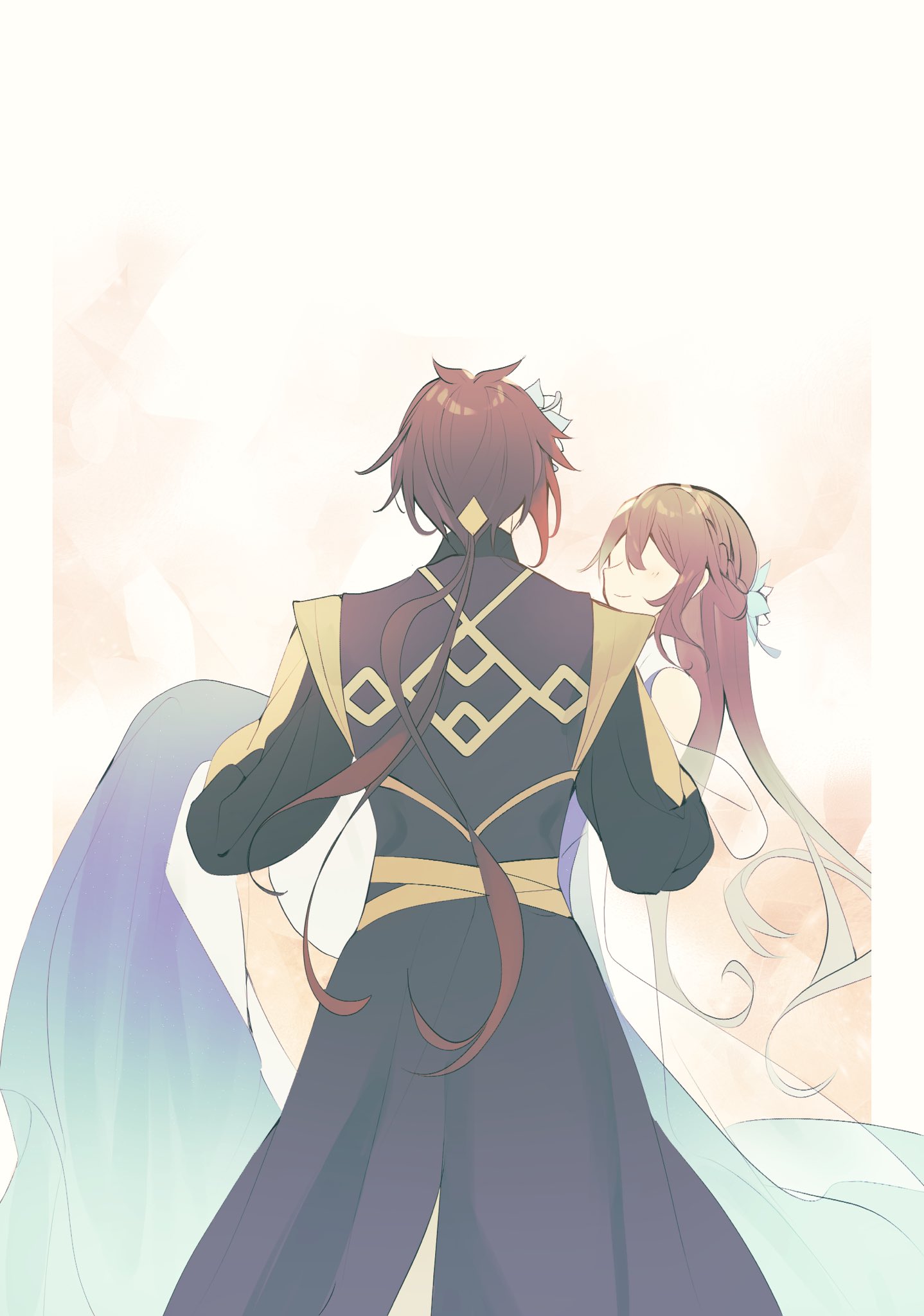 an illustration of an anime couple in traditional chinese clothing. the man is holding the woman from behind and they are both looking forward, smiling happily. they are surrounded by soft, light colors and flowers.