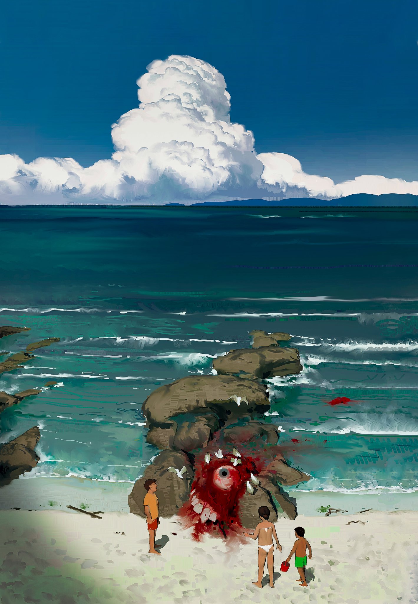 an artwork depicting a serene beach scene with a disturbing twist. three children stand on the sand near a pile of rocks. behind the rocks is a monstrous, bloody creature with a large eye and sharp teeth. the creature is red and appears to be emerging from or partially concealed by the rocks. the background features a calm sea, a blue sky, and large white clouds.