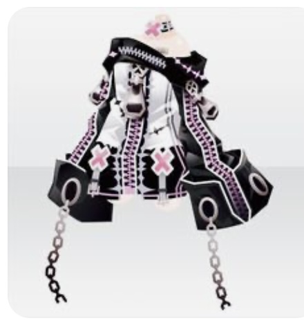a black and white gothic lolita dress with pink crosses and chains.