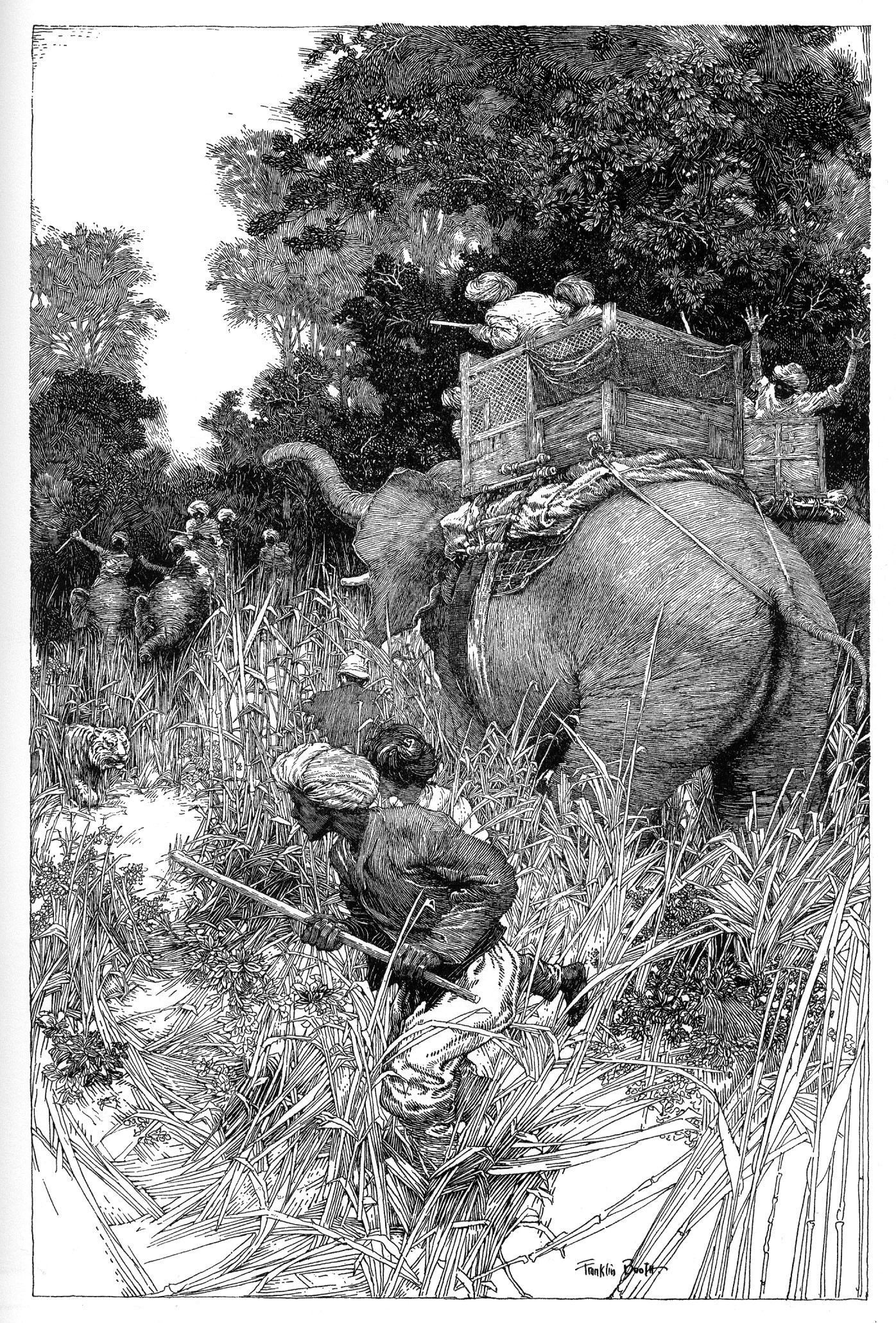a detailed black and white engraved illustration depicts a hunting scene in india.  a large elephant carrying hunters in a howdah is moving through tall grass.  in the foreground, two men wielding spears are crouching in the vegetation, seemingly attempting to drive or ambush a tiger (partially visible in the distance).  other figures are visible in the background, further illustrating the hunting party. the style suggests a 19thcentury illustration, likely from a book or magazine.  the level of detail in both the figures and the surrounding environment is remarkable.