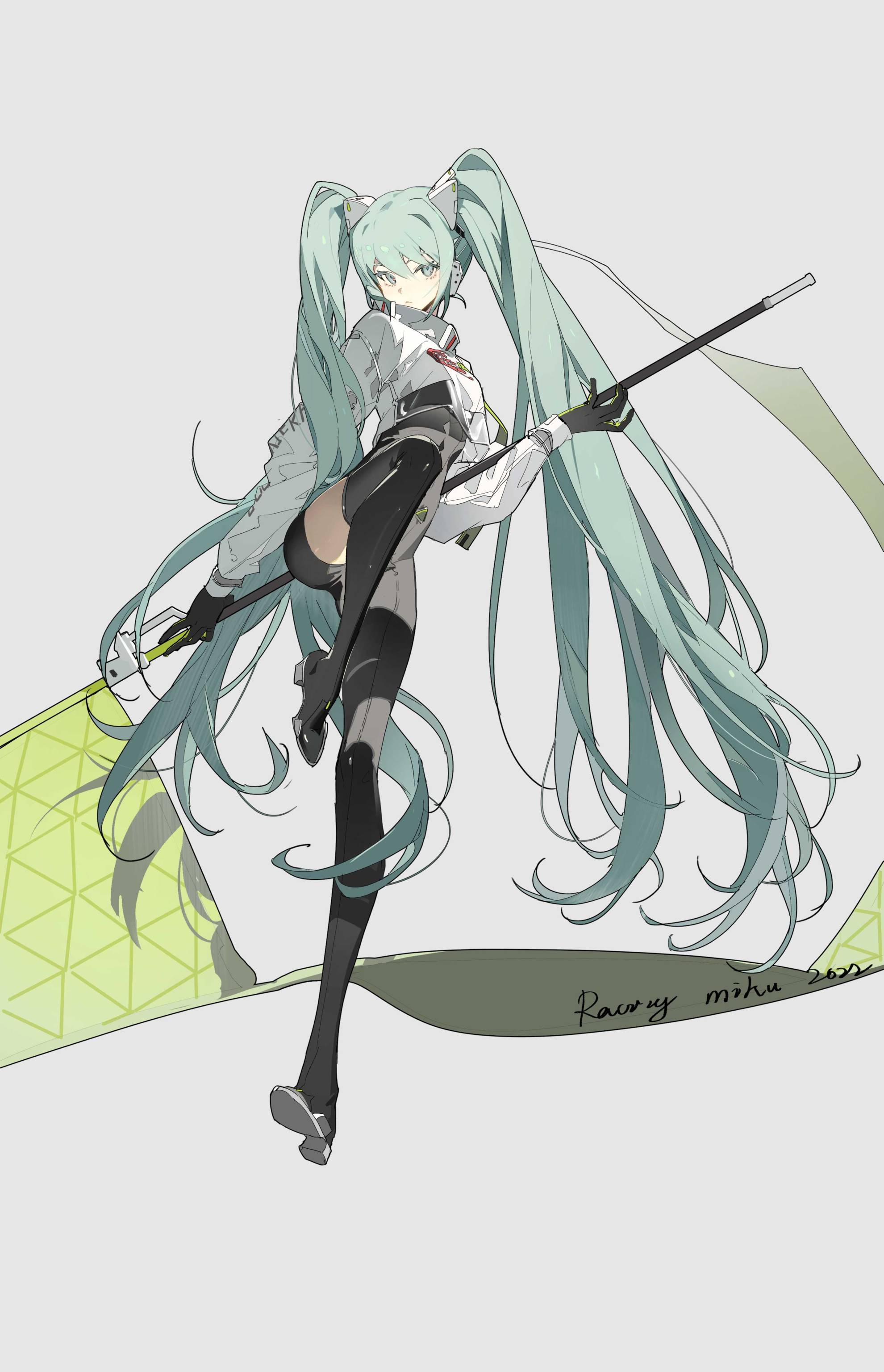 a fullbody illustration of hatsune miku with long light teal twintails, wearing a white uniform and black thighhigh boots. she is holding a long black stick.