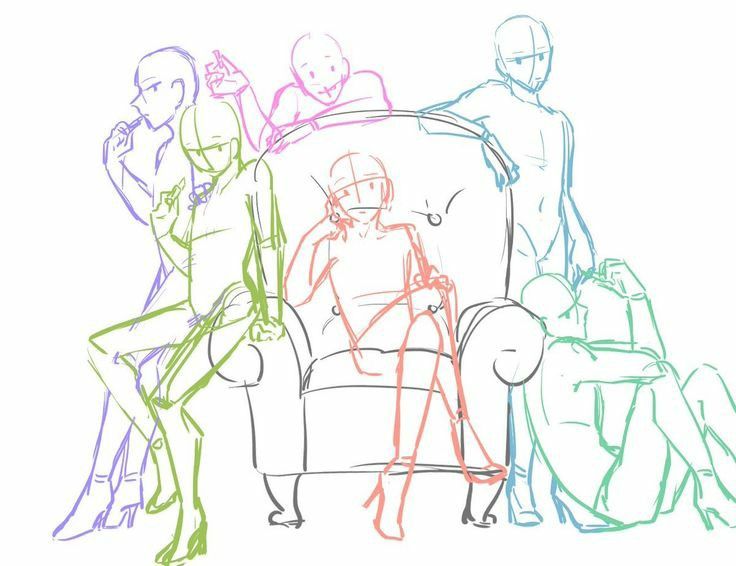 this is a drawing of five figures in different poses. they are sitting and standing around a chair. the figures are drawn in a simple, stylized way, with minimal detail. the drawing is a great reference for artists who are looking to practice drawing the human form in different poses.