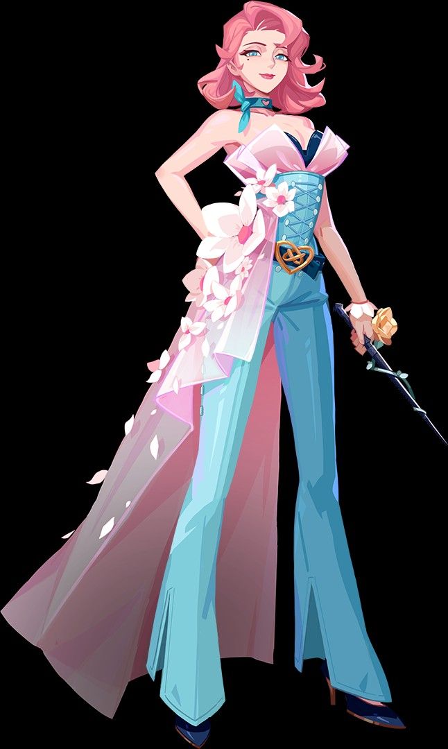 a beautiful anime girl is standing with a rose in her hand. she is wearing a pink and blue dress and has long pink hair.