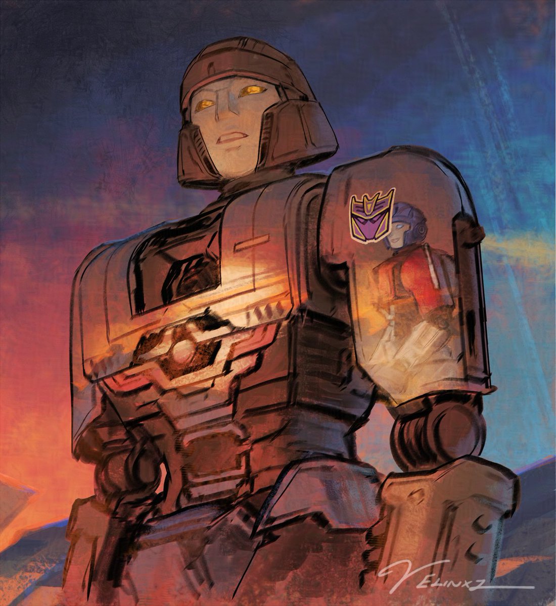 an illustration of the transformer character galvatron looking into the distance. he has a helmet, gray skin, and glowing yellow eyes. reflected in his chest and shoulder is a sunset landscape. a decepticon symbol is on his shoulder, and optimus prime is inside a glass enclosure on his other shoulder. the background is a blend of blue, purple, and orange. the artist's signature is at the bottom right corner.