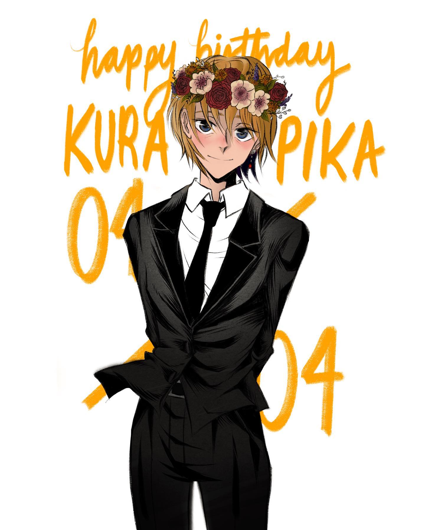 the image is a digital fanart depicting kurapika from hunter x hunter, dressed in a black suit and wearing a flower crown.  the background features a stylized "happy birthday kurapika 04" text in orange. the style is anime/manga inspired, with a focus on detail in the character's clothing and expression. the overall feel is celebratory and conveys a birthday message.