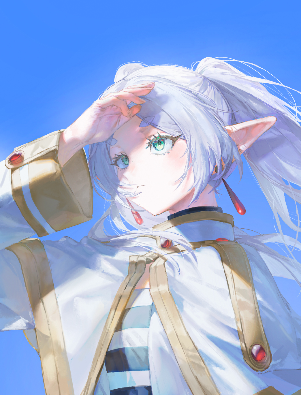 the image depicts a stylized animestyle female elf character. she has long, flowing white hair tied in two high pigtails. her eyes are a vibrant green, and her skin is pale. the elf is wearing a lightcolored, almost white jacket or coat with beige accents. the garment appears loose and flowing, suitable for warm weather. she's wearing a darker, striped top underneath, which is only partially visible. she is wearing gemstone earrings, and her hand is raised to her forehead, as if shielding her eyes from the bright sunlight. the background is a clear, unblemished blue sky, suggesting a sunny day. the overall style is soft and ethereal, with a focus on light and color.  the art style is consistent with digital illustration, possibly drawing inspiration from both anime and manga aesthetics.
