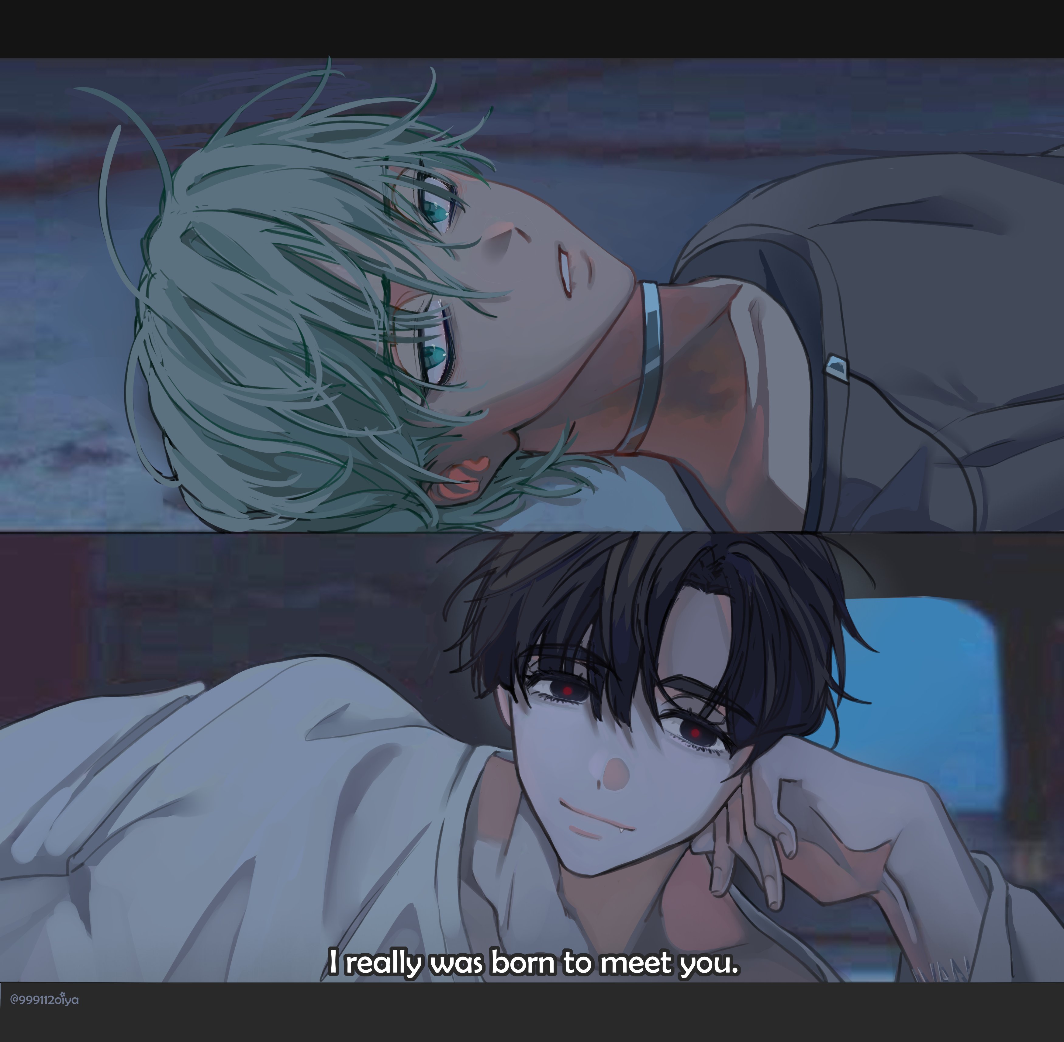 the image is a beautiful piece of fanart, likely from a boys love (bl) anime or manga. it depicts two young men in a close and tender moment. the top half shows a lighthaired young man with seagreen hair lying down, gazing into the distance with a peaceful expression. the lower half features another young man with darker hair, leaning against something, his gaze directed toward the viewer, with a subtle, suggestive smile.  the overall aesthetic is soft and romantic, with pastel colors and soft lighting that evokes a dreamy, intimate atmosphere. the text overlay, “i really was born to meet you,” reinforces the romantic and fated feeling of the scene.  the style is reminiscent of modern digital art with a focus on smooth lines and softly blended colors.