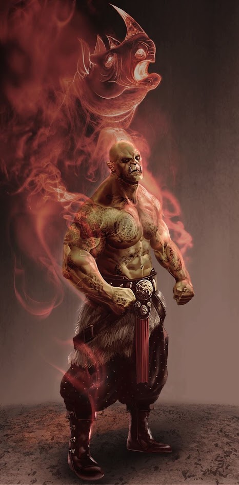 a muscular, greenskinned orc warrior stands in a stance of readiness, his expression fierce and determined. he is clad in dark armor and holds a weapon, his powerful physique and angry demeanor suggesting he is ready for battle. behind him, a glowing red smoke forms the shape of a mythical beast, perhaps a demon or spirit. the image evokes a sense of fantasy and danger, suggesting that the orc is a formidable force to be reckoned with.