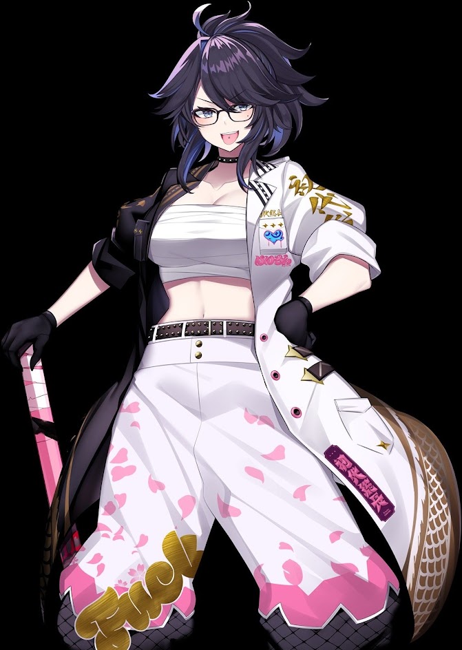 the image is a digital illustration of an anime girl with black and purple hair and a confident expression. she is wearing a white shirt, a black jacket and pink pants with a belt.  she is holding a pink bat in her left hand.  she is smiling and looking at the viewer.  the background is black.