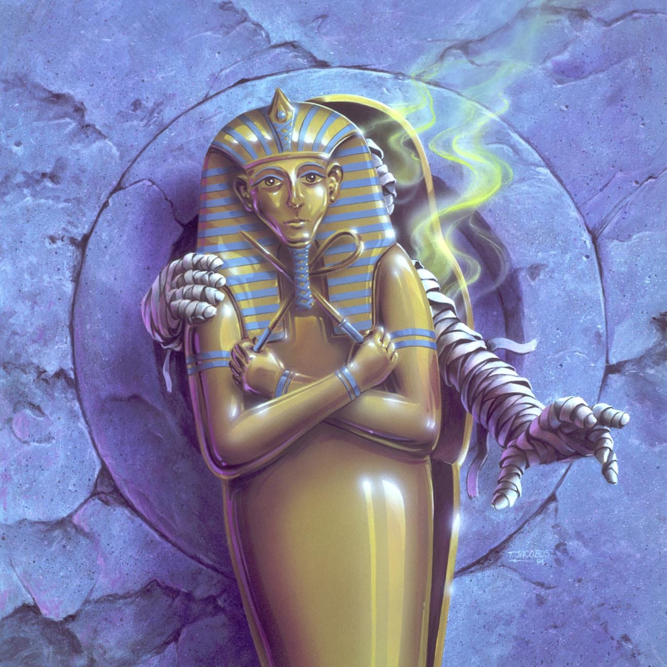 the illustration depicts a golden sarcophagus containing the mummified remains of an egyptian pharaoh. the sarcophagus is ornate, with the pharaoh’s likeness visible on the lid.  a spectral, mummified arm emerges from behind the sarcophagus, seeming to reach out, adding a sense of unease and the supernatural.  greenishyellow smoke or vapor emanates from around the sarcophagus, enhancing the mystical atmosphere. the background features a textured, purplish stone wall, suggesting a tomb or crypt. the overall style is dark fantasy illustration with elements of horror and the occult. the artist's signature, "tom kidd," is subtly visible.