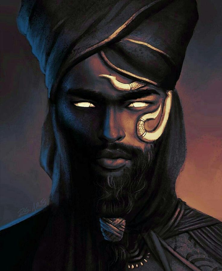 a closeup portrait of a man with dark skin wearing a turban. the man has a thick beard and piercing eyes. he is wearing gold jewelry and has a mysterious and intense expression. the background is dark and shadowy, giving the portrait a dramatic feel.