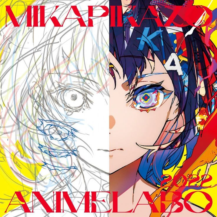 the image is a split image featuring an animestyle character. on the left side is a sketch of the character, primarily in grayscale with some blue lines accentuating features like the eyes. the right side shows a fully colored version of the same character, vibrant and detailed, with blue and black hair, and a colorful eye. above the character are the words "mikapikakazuo" in bold, red font. at the bottom, "animelabo" is also written in red. to the right of the colored character, "2022" is written in cursive white font. the background is yellow.