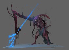 a digital painting of a strange and dangerous creature with sharp claws and teeth. it has a blue weapon that is also sharp. the creature is attacking or defending itself, with a fierce expression. it seems to be in a dark fantasy world, with abstract splashes of color on the background.