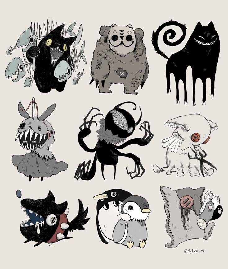the image shows a collection of nine drawings of monsters and creatures in a dark fantasy style. they are arranged in a 3x3 grid. the creatures include cats with fish skeletons, a stone bear, a grinning cat, a rabbitlike creature with sharp teeth, a slender monster with multiple limbs, a white ghostlike creature with a button eye, a spiky monster with a gaping mouth, a pair of penguins, and a pillowlike creature with button and paw details. the overall tone is eerie and unsettling.