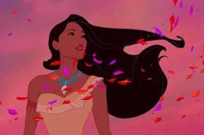 pocahontas from the disney animated film "pocahontas" is shown from the chest up with the wind blowing leaves and her hair around her. the background is sunset colors.