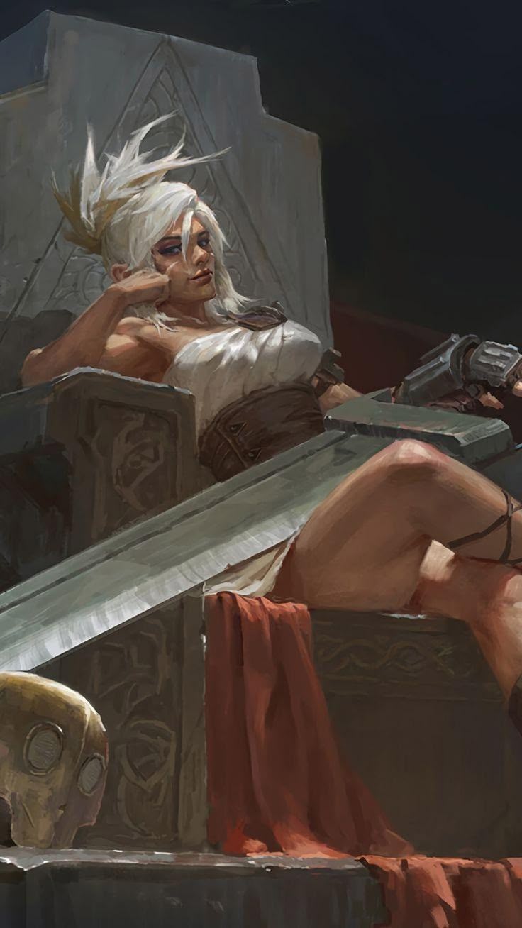 an artistic illustration depicts a woman with white, spiky hair reclining on a throne. she wears a white top and leather corset, with her leg crossed casually. in her hand, she holds a gun, and a skull sits at the base of the throne. a red cloth is draped over the throne's edge. the background is dark, emphasizing the subjects in the foreground.